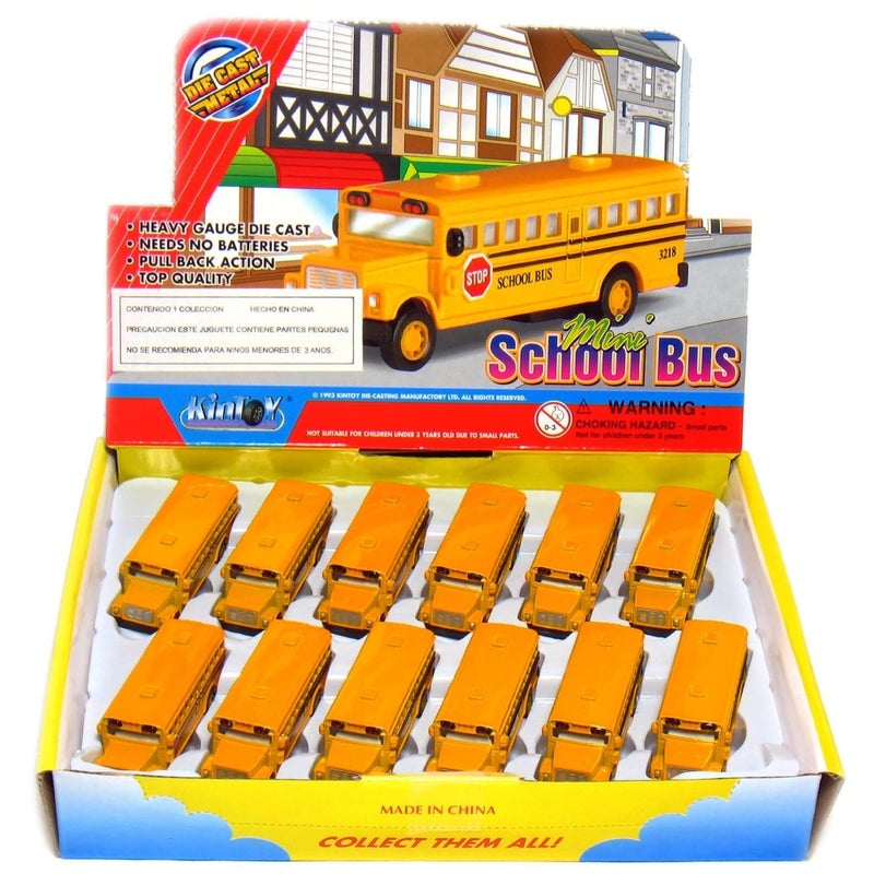 KinsFun ðŸšŒ KiNSFUN Classic Long Nose School Bus 2Â½" Die Cast Metal w/ Pull Back Action 12 Pack - Image 1